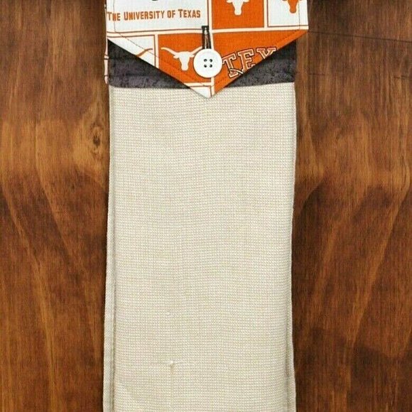 UNIVERSITY OF TEXAS PRINT ORANGE, GRAY & WHITE  HANDMADE HANGING KITCHEN TOWEL - Picture 2 of 2